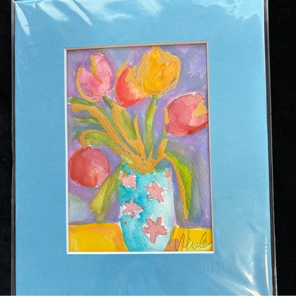 Tulip Still Life “Hand Painted An Original Watercolor Painting Matted 5"x7" - Picture 1 of 10